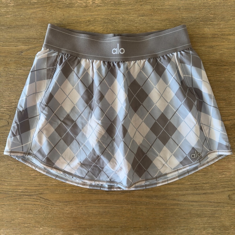 NEW ☀️ ALO Yoga Match Point Tennis Skirt-Gravel/Titanium Argyle Skort-Sz XS NWT